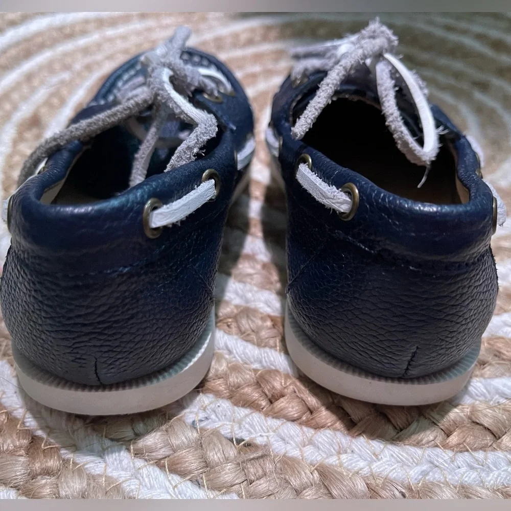 Janie and Jack Navy Blue Leather Boat Shoes with White Laces